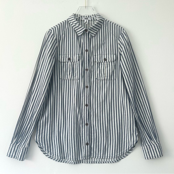 PAIGE Kadie Striped Button Up Shirt Top Blue White Long Sleeve Size Medium - Picture 1 of 16